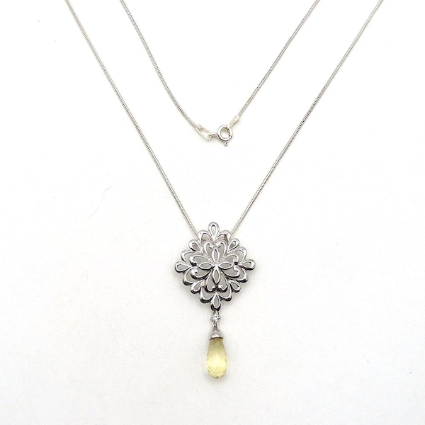 Vintage Sterling Silver Citrine Briolette Floral Filigree Pendant Necklace, 19 Inch Chain, Estate Jewelry