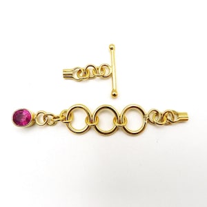 24k Gold over Sterling Silver Ruby Toggle Clasp with Attached Crimps, Adjustable 3 Ring, Jewelry Making Supply Destash