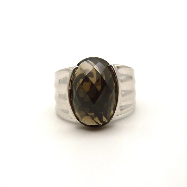 Vintage Sterling Silver Large Smoky Quartz Faceted Wide Band Ring, Size 9 3/4, Estate