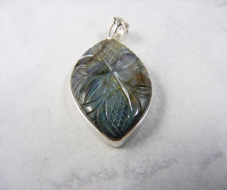 Rainbow Labradorite Sterling Silver Carved Flower and Leaf Pendant Genuine Gemstone Natural Multi Color