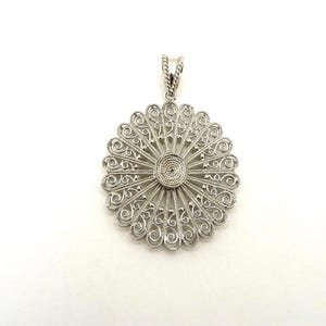 Vintage Large Sterling Silver Filigree Round Floral Pendant, 925, Estate