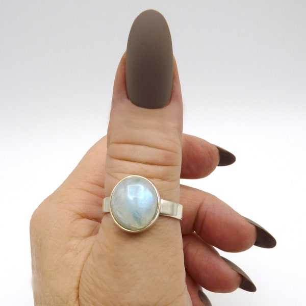 Vintage Moonstone Sterling Silver Ring with Green Enamel Size 12 1/4, Round Cabochon, Estate