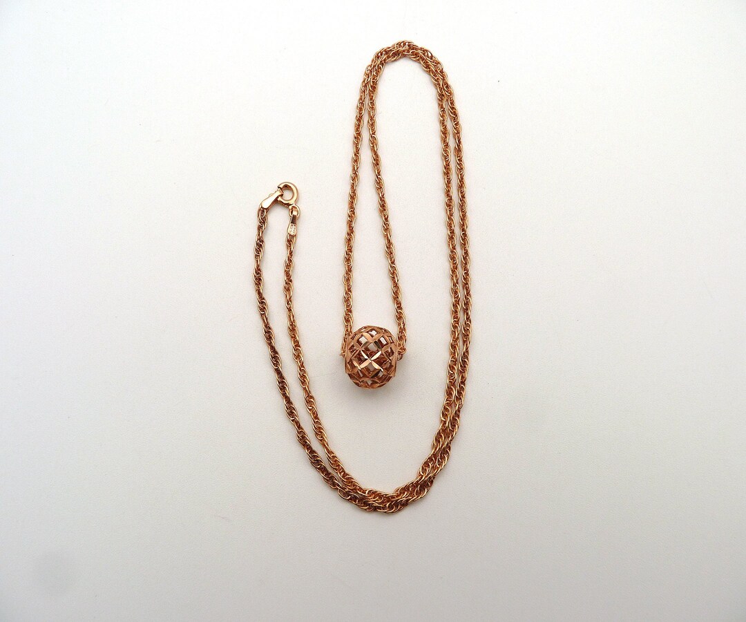 Vintage 14k Italian Rose Gold Rope Chain Necklace With Diamond Cut Ball