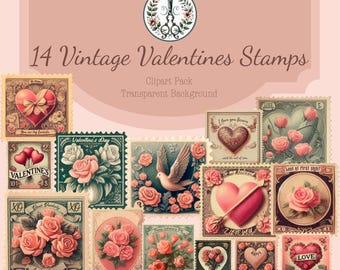14 vintage Valentijnsdag postzegels clipart digitale download