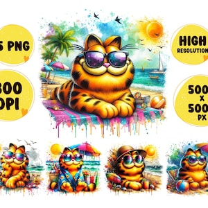 Puede incluir: Una ilustración digital de Garfield el gato en varias escenas de verano. Garfield lleva gafas de sol y se representa relajándose en una playa, vistiendo una camisa hawaiana y un sombrero de paja. Las ilustraciones están en un estilo de dibujos animados con colores brillantes y un efecto de acuarela.