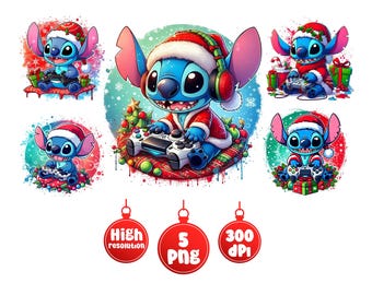 Pakiet świątecznych grafik akwarelowych Gamer Stitch (do pobrania cyfrowego) Gamer PNG