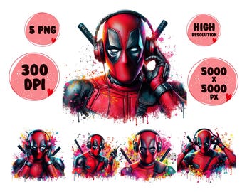 Salpicadura musical de Deadpool PNG: Diseños de sublimación en acuarela (Descarga digital)