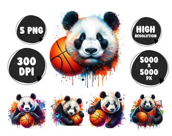 Watercolor Panda Basketball PNG Clipart (Digital Download)