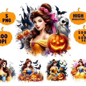 Clipart principessa di Halloween: acquerello La Bella e la Bestia PNG (download digitale, 5 file)