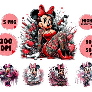 May include: A digital illustration of a cartoon mouse with red and black tattoos, wearing a red dress and red shoes. The mouse is holding a red and black tattoo gun. The background is a pink and white watercolor splatter. The image is labeled "5 PNG, 300 DPI, HIGH RESOLUTION, 5000 x 5000 PX".