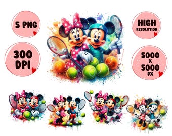Mickey y Minnie Mouse Tenis PNG: Salpicadura de acuarela (Descarga digital)