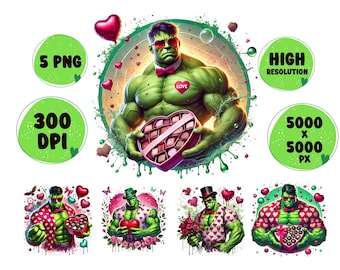 May include: A green, muscular figure with a heart-shaped box of chocolates, wearing a red bow tie and a heart-shaped necklace with the word "LOVE" on it. The figure is surrounded by pink hearts and green splatters. The text "HIGH RESOLUTION" is in a green circle in the upper right corner. The text "5000 x 5000 PX" is in a green circle in the lower right corner. The text "5 PNG" is in a green circle in the upper left corner. The text "300 DPI" is in a green circle in the lower left corner.