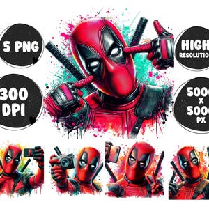Puede incluir: Ilustración digital de Deadpool, un personaje de superhéroe, con un traje rojo y negro y una máscara roja. El fondo es un efecto de salpicaduras de acuarela de colores. La imagen incluye el texto "ALTA RESOLUCIÓN" y "5000 x 5000 PX".