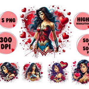 5 PNG Valentine&#39;s Day Superhero W-Woman Png Superhero Splash and Watercolor Png W-WomanTransparent PNG file for Sublimation SVG Clipart
