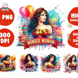 5 PNG Birthday Superhero W-Woman Png Superhero Splash and Watercolor Png W-WomanTransparent PNG file for Sublimation