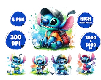 Könnte beinhalten: Fünf digitale Illustrationen von Stitch aus Lilo & Stitch, die Golf spielen. Stitch trägt ein Golfoutfit und hält einen Golfschläger. Die Illustrationen sind vor einem Aquarellhintergrund angeordnet.