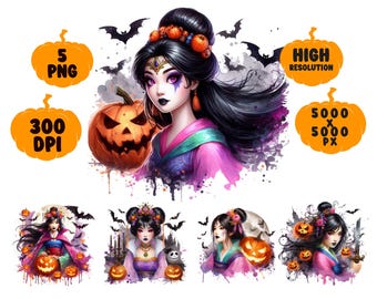 Halloween Princess PNG: Watercolor Mulan Princess Clipart for Sublimation (Digital Download, 5 Files)