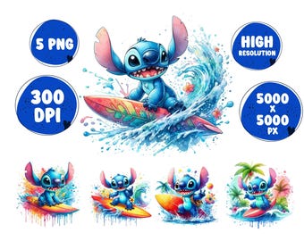 May include: A blue cartoon character, Stitch, riding a surfboard on a wave with splashes of water. The background is a watercolour style with blue, green, and white colours.