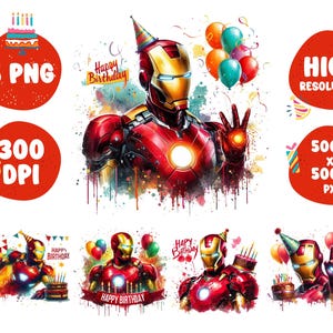 5 PNG Birthday Superhero  Png Superhero Splash and Watercolor iron Transparent PNG file for Sublimation