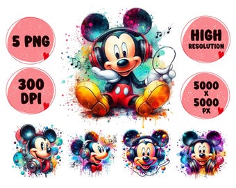Mickey Mouse Earphones PNG: Splash Watercolor Clipart (Digital Download)