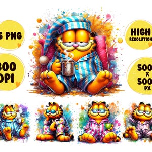 Puede incluir: Cinco ilustraciones digitales de Garfield el gato en pijama, sosteniendo una taza de café, usando gafas de sol y durmiendo. Las ilustraciones están sobre un fondo de acuarela colorido.