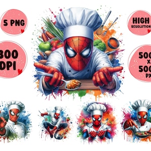 May include: A digital illustration of a superhero chef wearing a red and blue costume, a white chef's hat, and a white apron. The chef is holding a spoon and a spatula, and there are colourful paint splatters in the background.