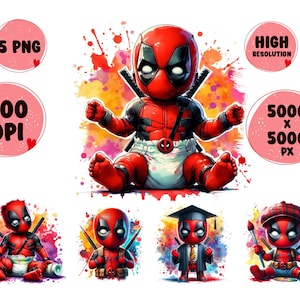 Könnte beinhalten: Fünf digitale Illustrationen von Deadpool in Babykleidung. Die Illustrationen sind vor einem Aquarellhintergrund platziert. Die erste Illustration zeigt Deadpool in einer Windel und einem rot-schwarzen Anzug. Die zweite Illustration zeigt Deadpool mit einer Abschluss-Kappe und einem Kleid. Die dritte Illustration zeigt Deadpool mit einem Malerhut und einem Pinsel. Die vierte Illustration zeigt Deadpool mit einer Kochmütze und einem Spatel. Die fünfte Illustration zeigt Deadpool mit einem Arztkittel und einem Stethoskop.