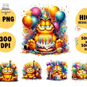 Könnte beinhalten: Eine orangefarbene Comic-Katze mit einem Geburtstagshut sitzt auf einem bunten Hintergrund mit Luftballons und Konfetti. Die Katze hält einen Kuchen mit Kerzen. Der Text "HOHE AUFLÖSUNG" und "5000 x 5000 PX" ist im Bild sichtbar.