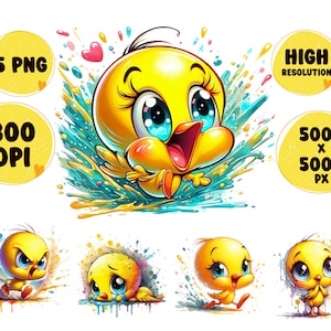 5 PNG Cartoon Chick Png Splash and Watercolor Png Yellow Bird Transparent PNG file for Sublimation Cartoon Tweety