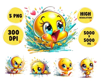 Pollito de dibujos animados PNG: Salpicadura de acuarela, pájaro amarillo (descarga digital)