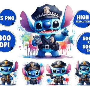 Police Stitch PNG: Watercolor Splash, Smurf Design (Digital Download)