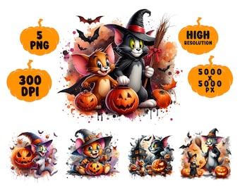 Halloween Tom & Jerry PNG: Watercolor Cartoon Clipart (5000x5000 px)