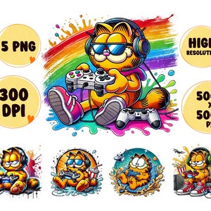 May include: A cartoon orange cat wearing headphones and sunglasses is playing a video game. The cat is sitting on a rainbow background with colorful paint splatters. The image includes the text "HIGH RESOLUTION" and "5000 x 5000 PX".