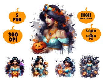 May include: Digital art featuring a woman in a teal and gold outfit, holding a carved pumpkin. The image has a Halloween theme with bats and orange accents. Text on the image includes "5 PNG", "300 DPI", "HIGH RESOLUTION", and "5000 X 5000 PX".