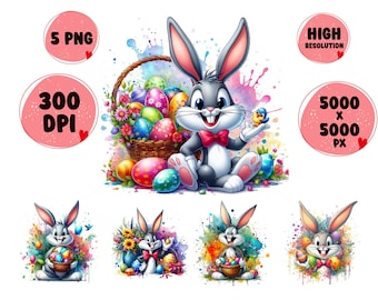 Watercolor Easter Rabbit PNG: Splash Art, Cartoon Bunny (Digital Download)