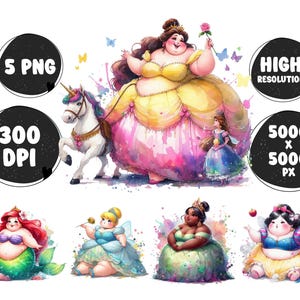 May include: Five digital illustrations of plus-size princesses in various poses. The princesses are wearing colourful dresses and have different hairstyles. The illustrations are in a cartoon style and have a watercolour effect.