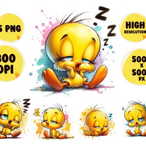 5 PNG Dibujos animados de pollito soñoliento PNG Salpicadura y acuarela PNG Pájaro amarillo Archivo PNG transparente para sublimación Dibujos animados Tweety SVG Clipart