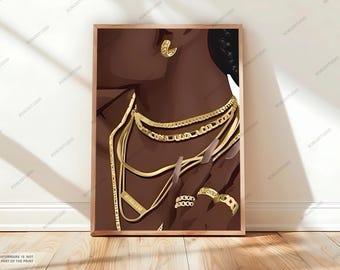 Schwarze Frau gold Schmuck Kunst, schwarze Mädchen Kunst, schwarze Frau Kunst Mode. Abstrakte Wandkunst, Home Decor, druckbare afroamerikanische Kunst