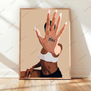 Puede incluir: Una ilustración digital de una persona con piel morena, usando un sujetador deportivo blanco y pantalones cortos negros. La persona está sosteniendo su mano hacia arriba con la palma hacia el espectador. La palabra "rise" está escrita en la palma de su mano.