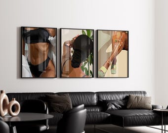 Schwarze Kunst, schwarze Frau Wand Kunst Druck, afrikanische Kunst, Kunst schwarze Frauen, schwarze Wand Kunst schwarzes Mädchen, afroamerikanische Kunst 3 Set schwarz Kunstdruck