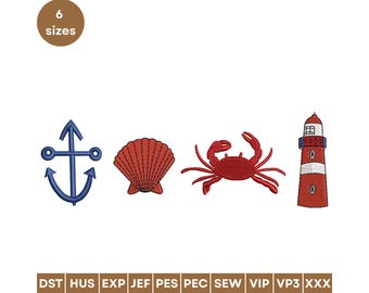 Maritim Sommer Stickdatei, Muschel, Anker (6 Größen)