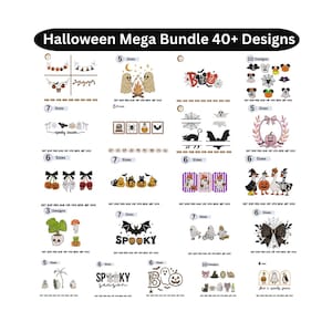 May include: A collection of Halloween-themed designs, including ghosts, pumpkins, bats, and spiders. The designs are arranged in a grid, with the text "Halloween Mega Bundle 40+ Designs" at the top. Various sizes are indicated.