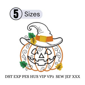 May include: An embroidery design featuring a jack-o'-lantern wearing a witch hat with an orange band and yellow buckle. The pumpkin has black outlines, orange segments, and green and yellow leaves. Text includes 5 Sizes and file formats DST EXP PES HUS VIP VP3 SEW JEF XXX.