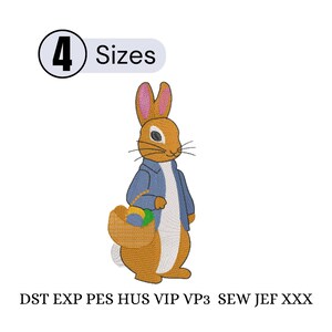 Peut inclure: Motif brodé d'un lapin de dessin animé portant une veste bleue et un panier d'œufs de Pâques. Le motif est dans les tons de marron, bleu et blanc. Le texte "4 Sizes" est au-dessus du lapin. En dessous, les lettres "DST EXP PES HUS VIP VP3 SEW JEF XXX".