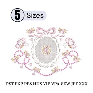 May include: An embroidered design featuring a central oval with floral accents, a pink bow, butterflies, and beaded floral chains. The design is in shades of pink, yellow, and white, with the text "5 Sizes" and file type abbreviations.