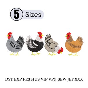May include: An image features four embroidered chicken designs in various colors, including gray, black, and brown, with red combs and yellow feet. The image includes the text "5 Sizes" and embroidery file formats.