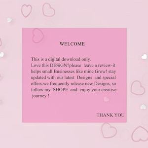 Pode incluir: Um fundo rosa com cora&ccedil;&otilde;es e um quadrado rosa com texto. O texto inclui "BEM-VINDO" e "OBRIGADO", al&eacute;m de uma mensagem sobre downloads digitais, avalia&ccedil;&otilde;es e novos designs.