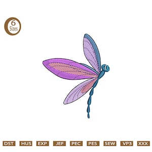 Könnte beinhalten: Ein Stickmuster mit einer Libelle in Lila und Blau, in 6 Größen erhältlich. Diese digitale Stickdatei ist perfekt für die Erstellung einzigartiger und personalisierter Projekte.