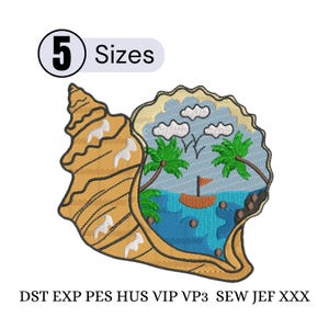 May include: An embroidered design featuring a seashell with a tropical island scene inside. The island has palm trees, a boat, and clouds. The text "5 Sizes" is above the seashell. The bottom text includes "DST EXP PES HUS VIP VP3 SEW JEF XXX".