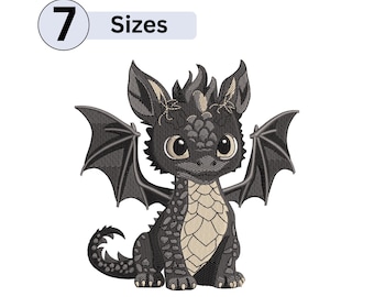 Desenho de bordado de um adorável bebê dragão preto – Arquivos Fúria da Noite (Bordado à máquina)